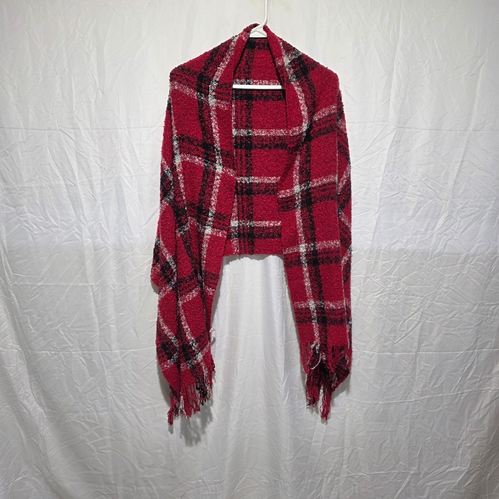 Simonetta Red Plaid Boucle Knit Scarf Oversized Wrap Fringed Tartan Red Black